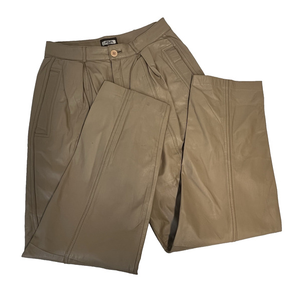 Toffs Leather Pants Womens Petite sz 30/10 Brown Pleated Vintage 90s Y2K Pockets - Picture 1 of 10